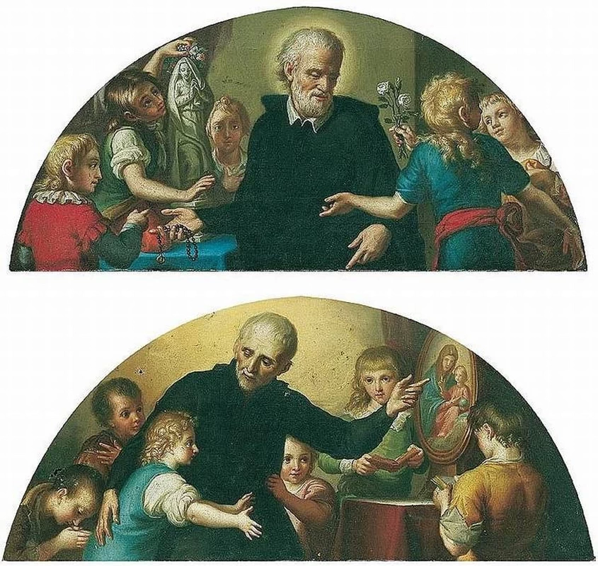 San Giuseppe Calasanzio con il rosario e bambini - mostra un quadro della Vergine ai fanciulli